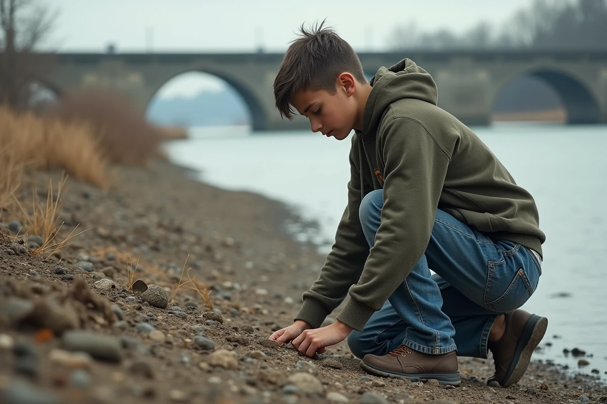 Adolescent cherchant des objets au bord de la rivière