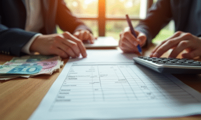 Bulletin de salaire et calculatrice sur un bureau en bois