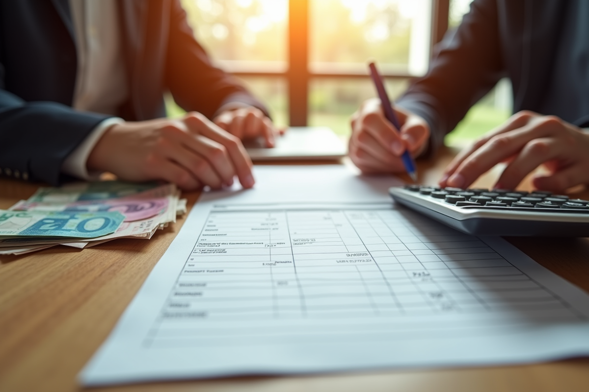 Bulletin de salaire et calculatrice sur un bureau en bois