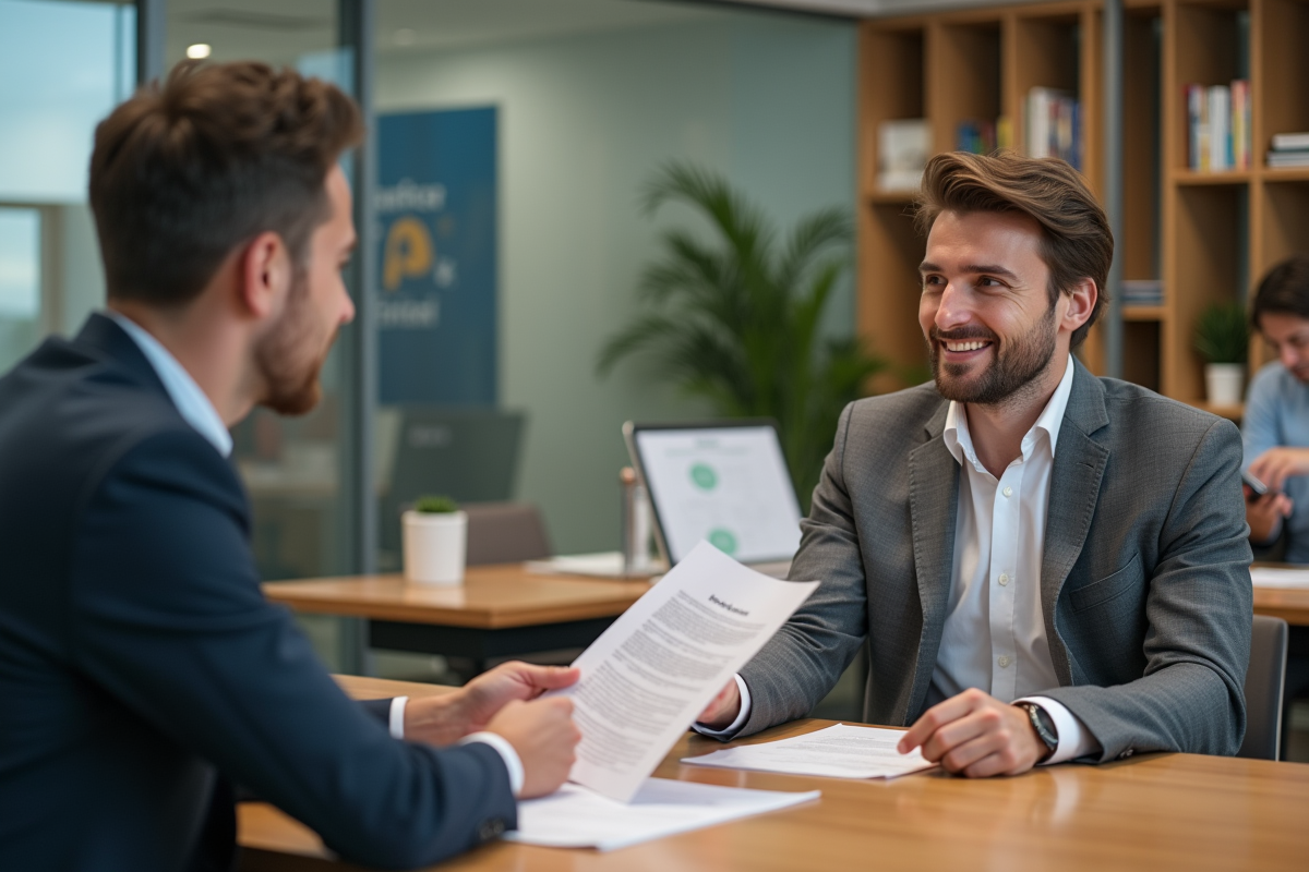 Conseiller remettant lettre à entrepreneur dans centre financier