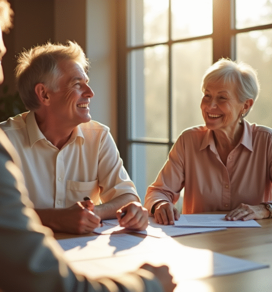 Couple mature discutant assurance vie avec conseiller