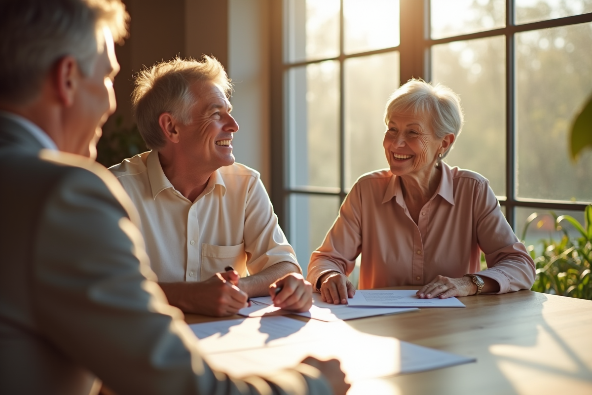 Couple mature discutant assurance vie avec conseiller