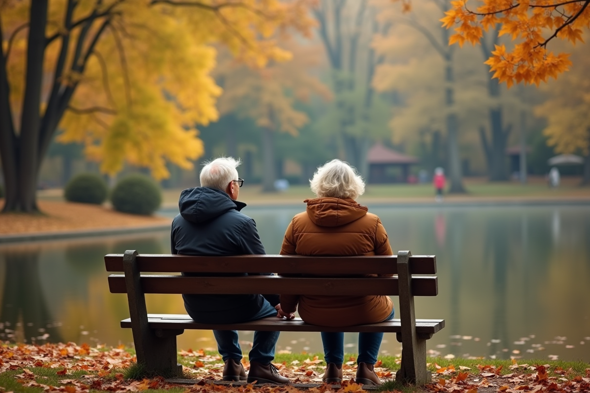 Couple âgé assis sur un banc dans un parc d