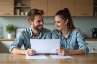 Jeune couple discutant de documents de pret immobilier
