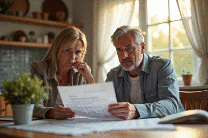Couple d'âge moyen inquiet examinant des documents financiers