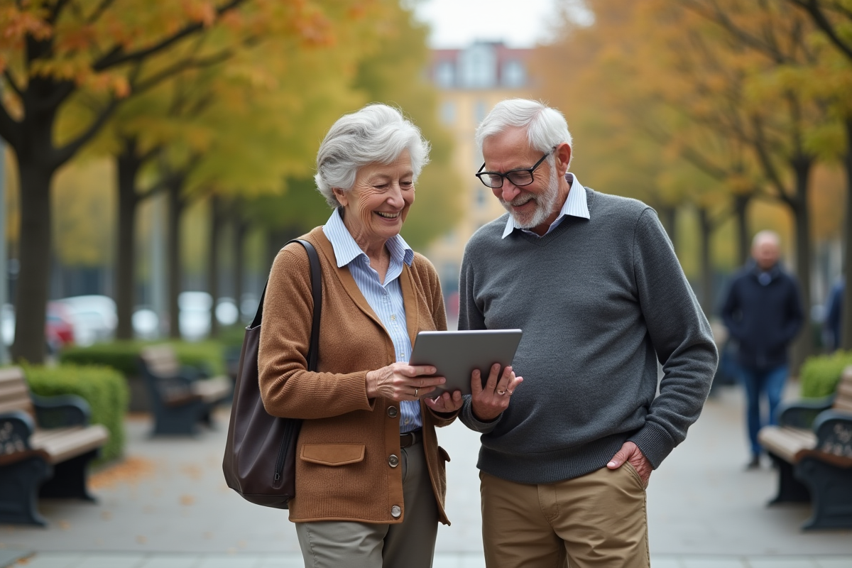 Couple âgé consultant une tablette dans un parc urbain