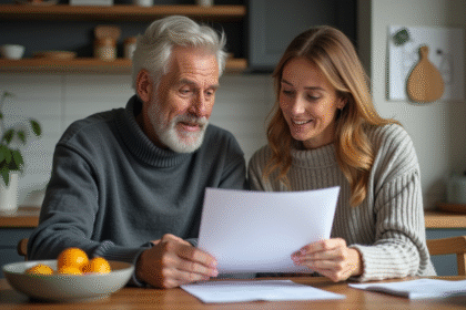 Couple d'adultes révisant des documents d'assurance à la maison