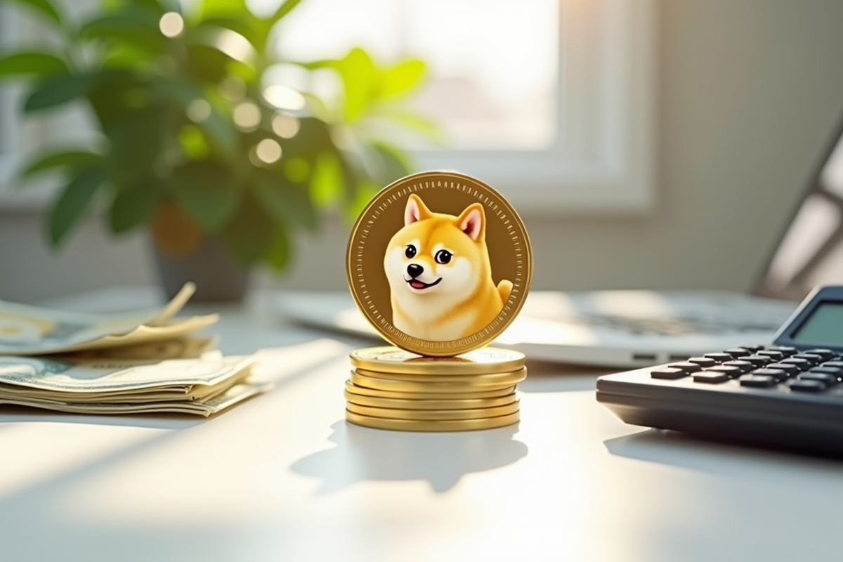 Pièce de Dogecoin entourée de cash et calculatrice sur table lumineuse
