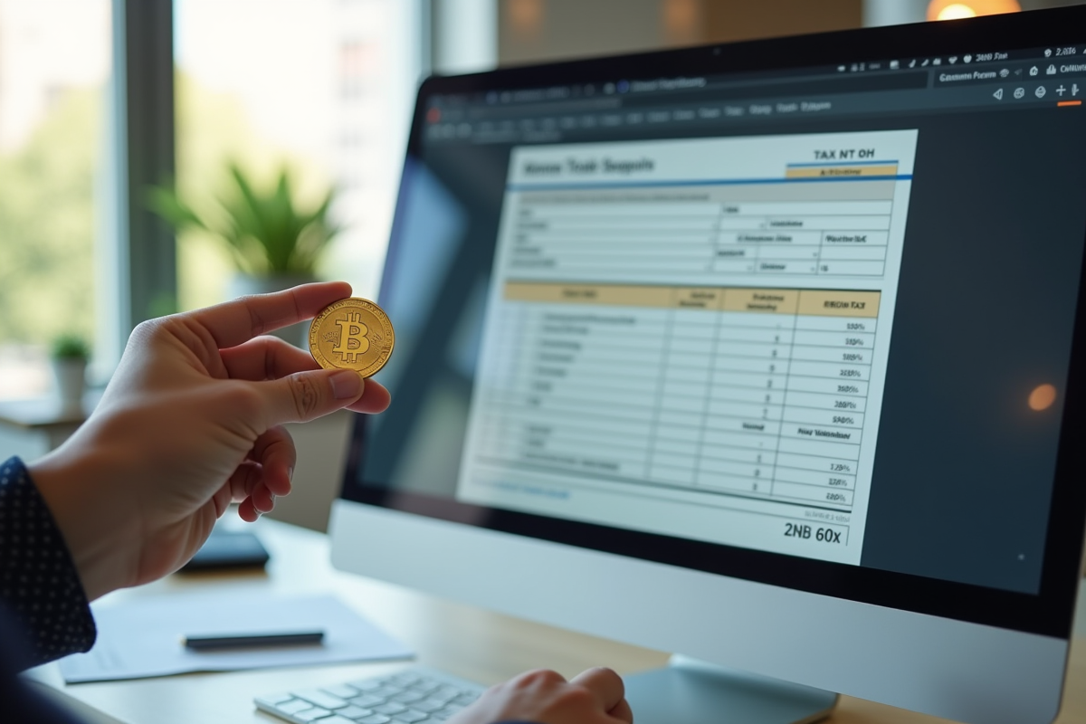 Zoom sur formulaire fiscal numérique avec pièce Bitcoin en main