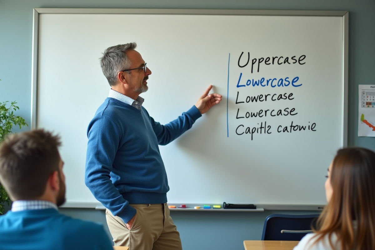Homme en classe expliquant la capitalisation avec un tableau blanc