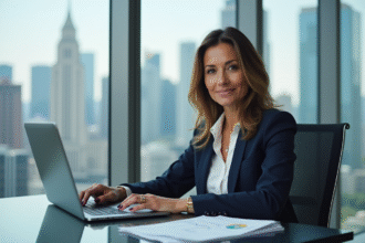 Femme confiante en blazer navy devant écran crypto