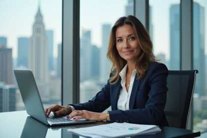 Femme confiante en blazer navy devant écran crypto