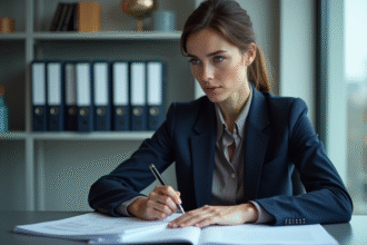 Femme d'affaires en costume navy avec documents dettes SAS