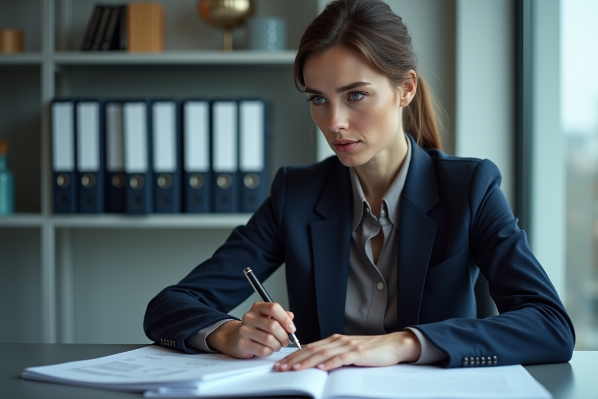 Femme d'affaires en costume navy avec documents dettes SAS