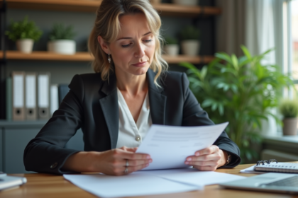 Femme d affaires examinant des papiers dans un bureau moderne