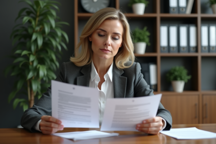 Femme d'affaires lisant des documents de prêt dans un bureau moderne