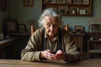 Femme âgée tenant une bague en or avec nostalgie