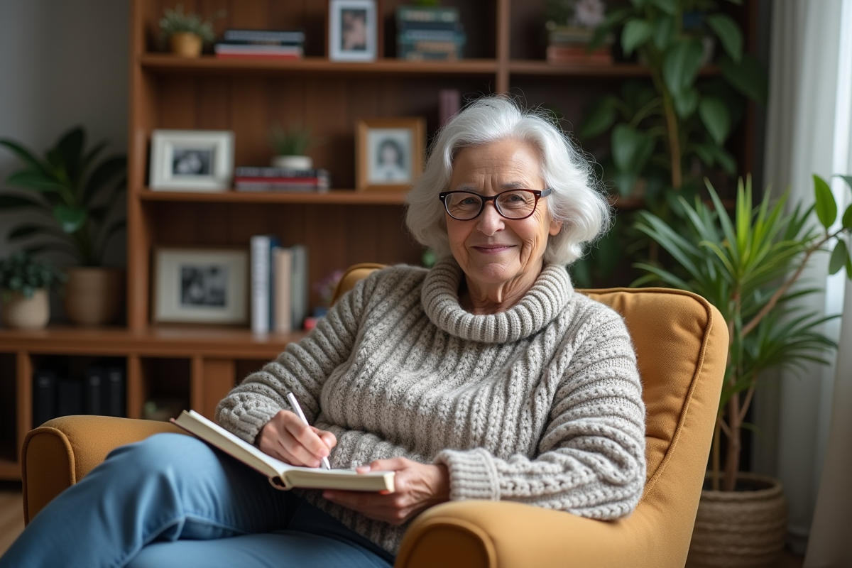 Femme âgée lisant dans un salon chaleureux