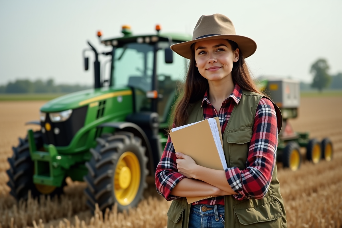 Jeune femme agricole avec un tracteur dans un champ