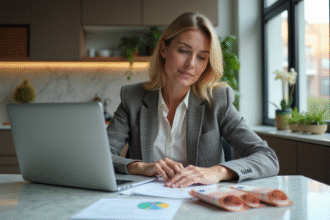 Femme d'affaires avec argent et documents sur une table