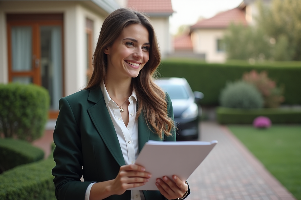 Jeune femme souriante tenant des clés et une police d