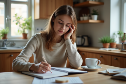 Jeune femme à la cuisine vérifiant ses dépenses