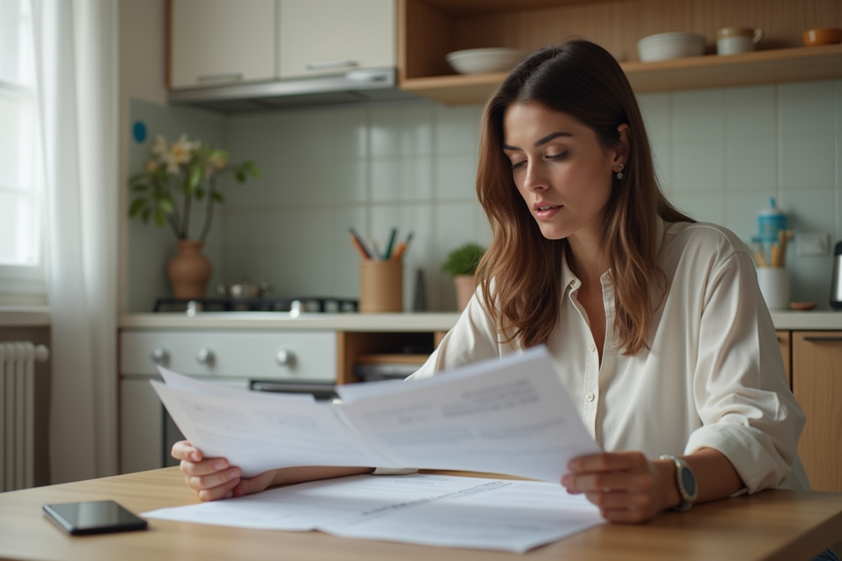 Femme en intérieur examinant des documents officiels