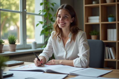 Jeune femme souriante prenant des notes dans un bureau lumineux