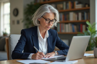 Femme d'âge moyen travaillant à son bureau lumineux