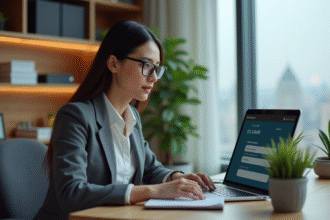 Femme en costume au bureau regardant son ordinateur