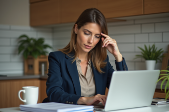 Femme en blazer bleu examinant des papiers à son bureau