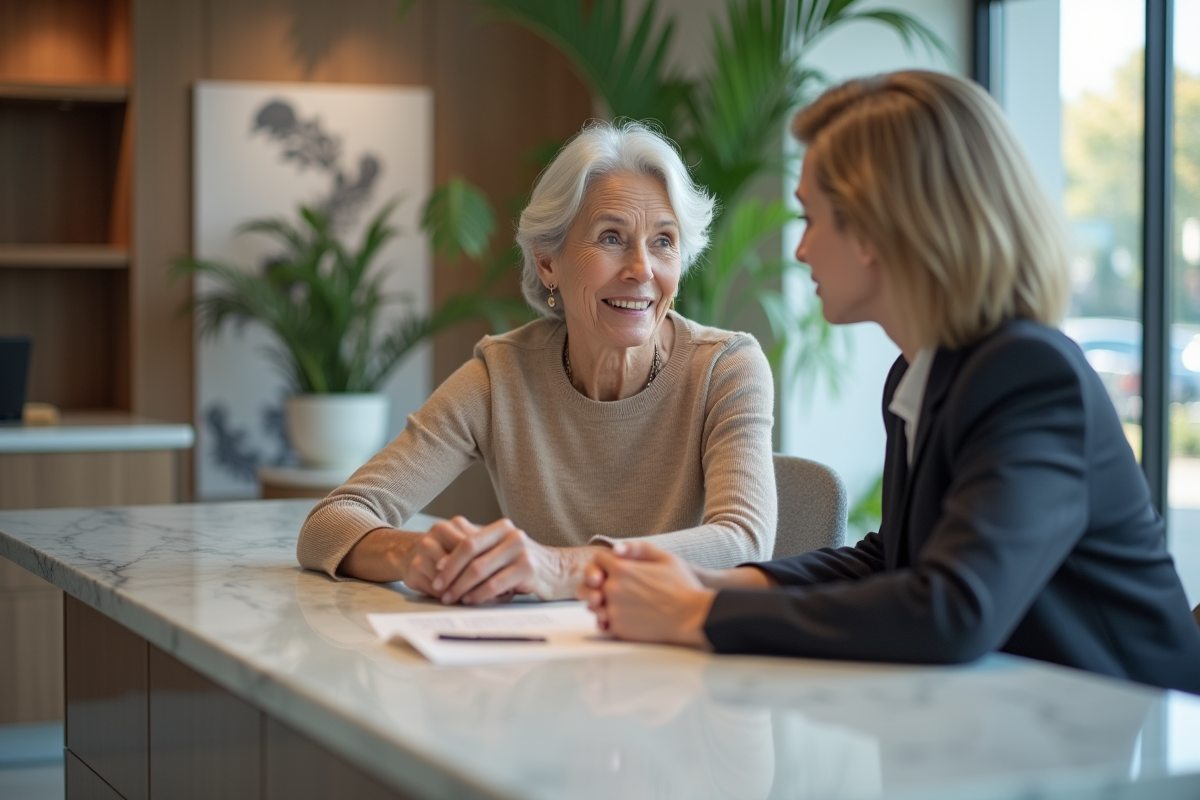 Femme parlant avec un conseiller bancaire dans une agence moderne