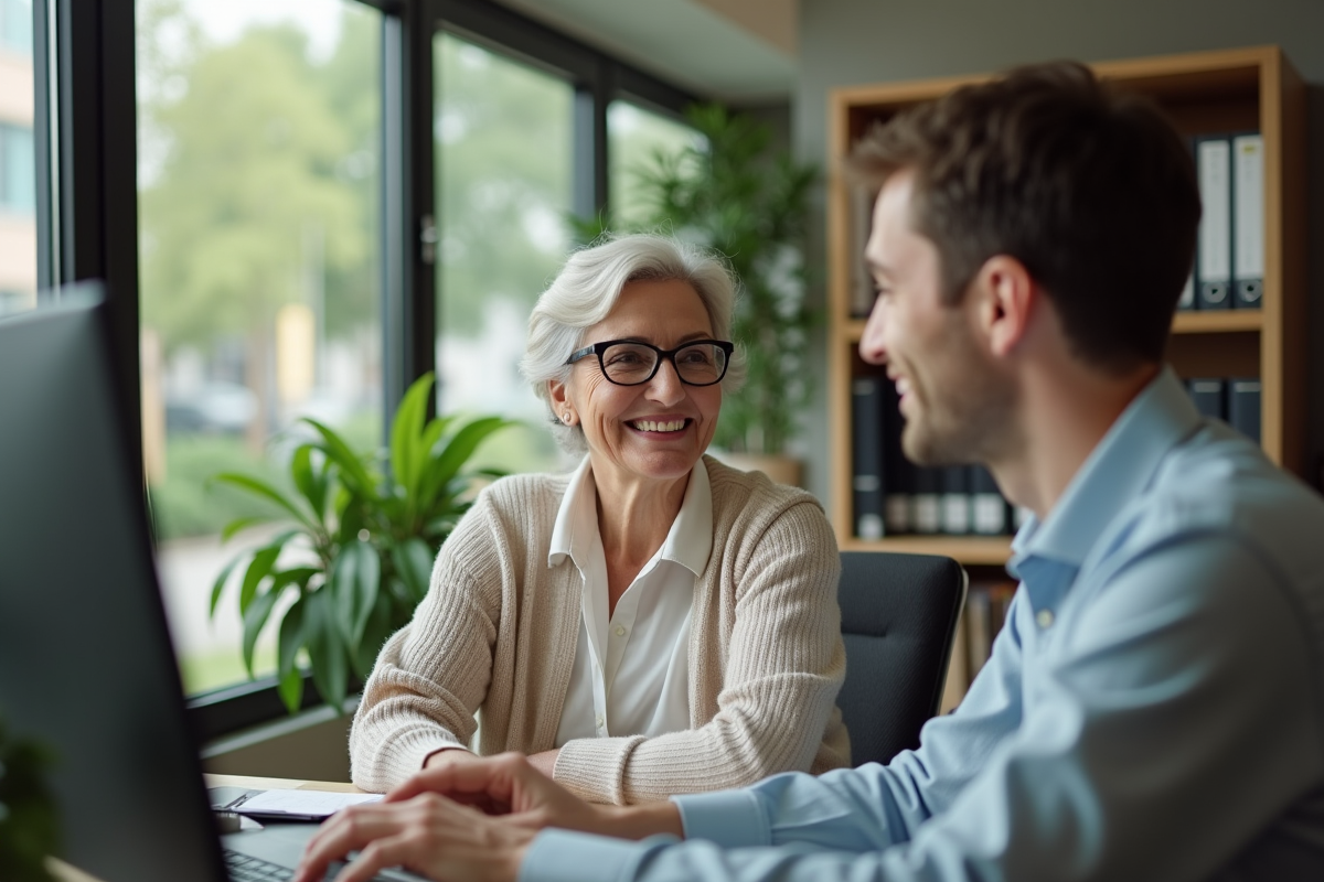 Femme de 66 ans souriante discutant avec un conseiller