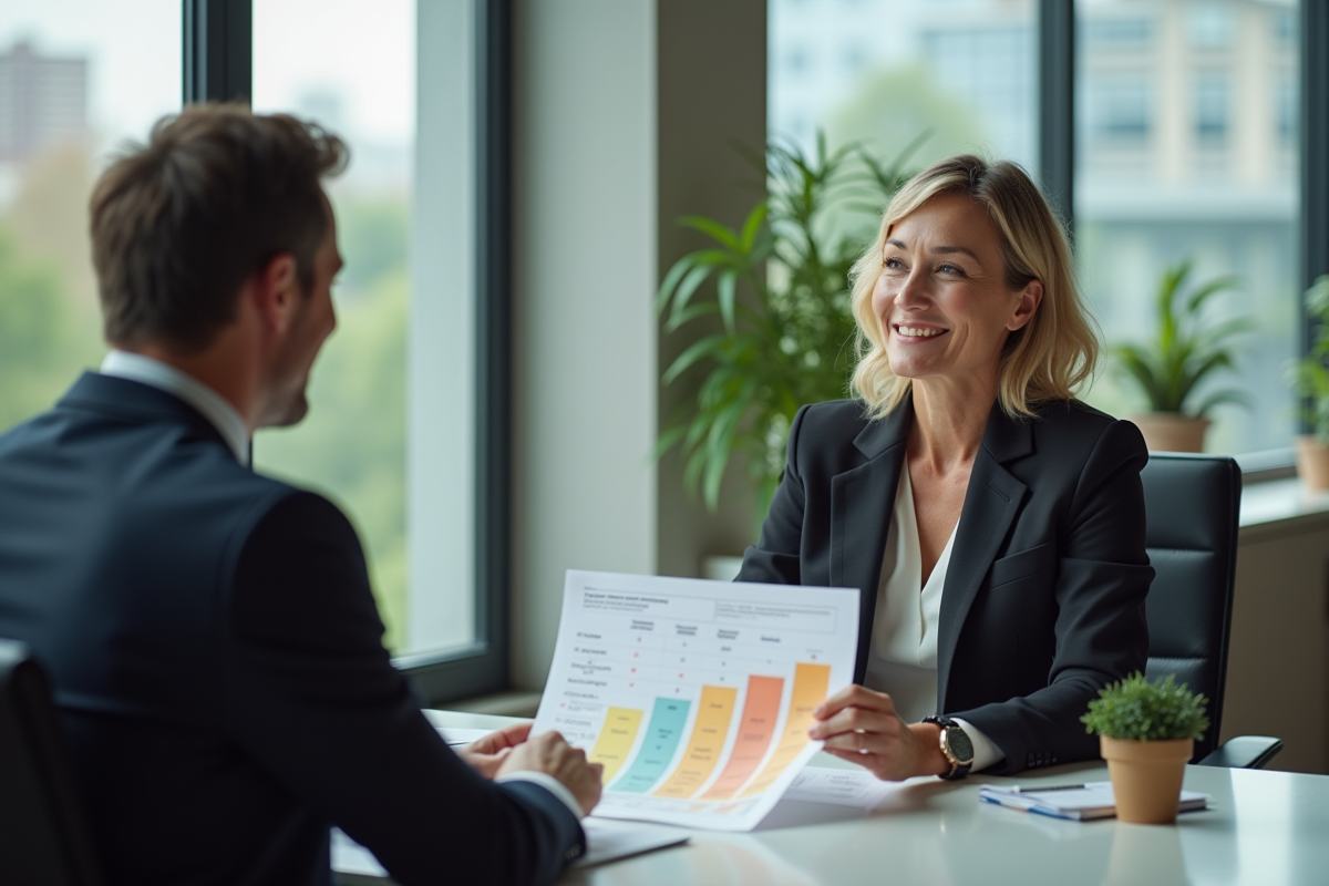 Femme en blazer examinant un tableau de pret immobilier