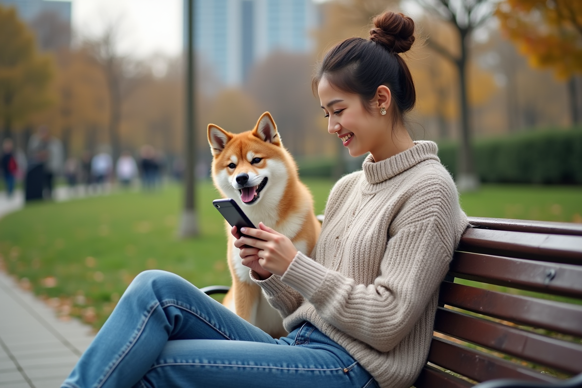 Jeune femme souriante avec son chien Shiba Inu dans un parc