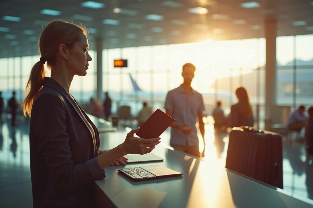 Femme confiante remettant son passeport au comptoir d