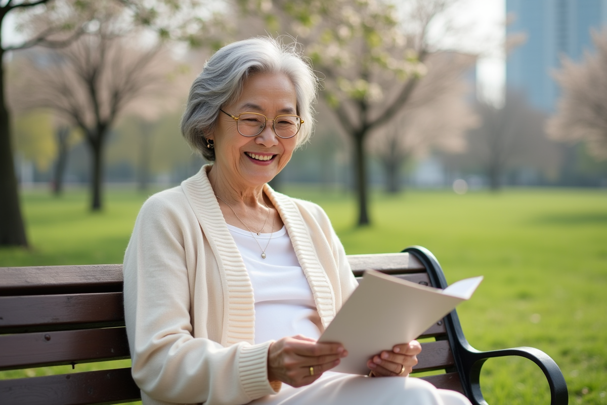 Femme asiatique souriante tenant un brochure d