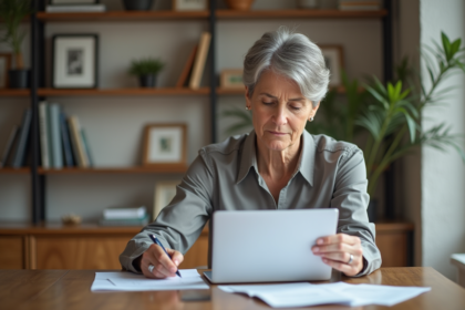 Femme d'âge moyen examinant des documents financiers à la maison