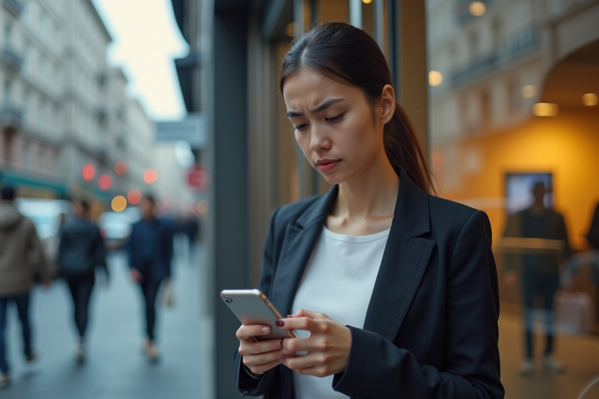 Jeune femme vérifiant son smartphone devant une agence bancaire urbaine