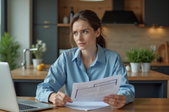 Femme concentrée avec documents fiscaux en cuisine