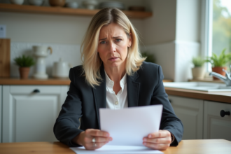 Femme inquiète examinant une lettre bancaire dans une cuisine moderne