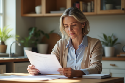 Femme d'âge moyen lisant des papiers dans la cuisine lumineuse