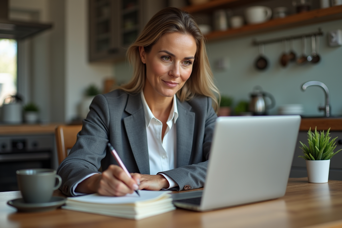 Femme prenant des notes sur le ratio de levier en cuisine