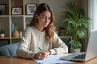 Femme en train de remplir ses impots à la maison