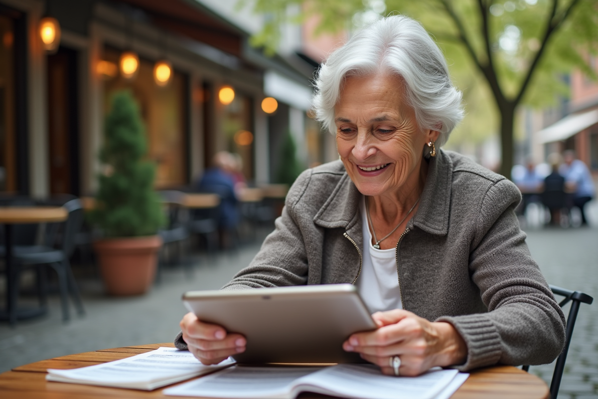 Femme retraitée souriante utilisant une tablette en extérieur