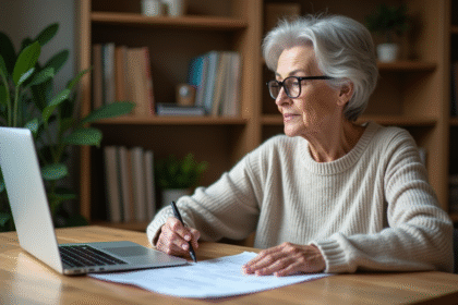 Femme retraitée examine ses papiers financiers à la maison