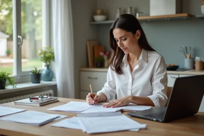 Femme en tenue professionnelle remplissant un formulaire de remboursement