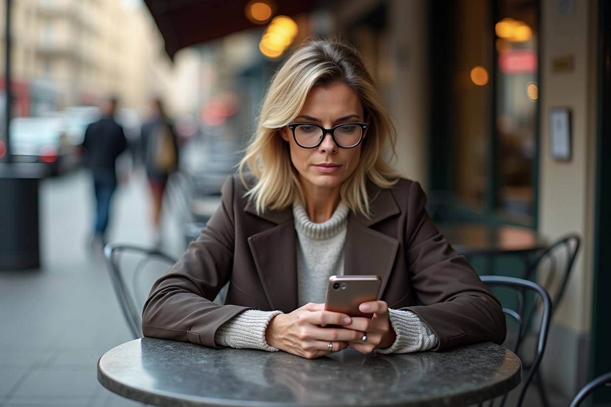 Femme assise au cafe utilisant son smartphone pour la banque