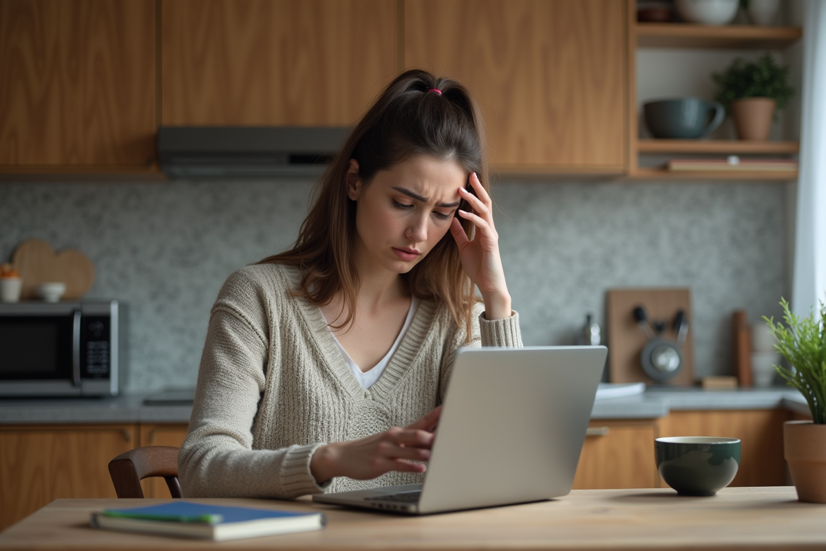 Jeune femme stressée utilisant son ordinateur et téléphone