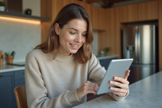 Jeune femme utilisant une tablette dans une cuisine moderne